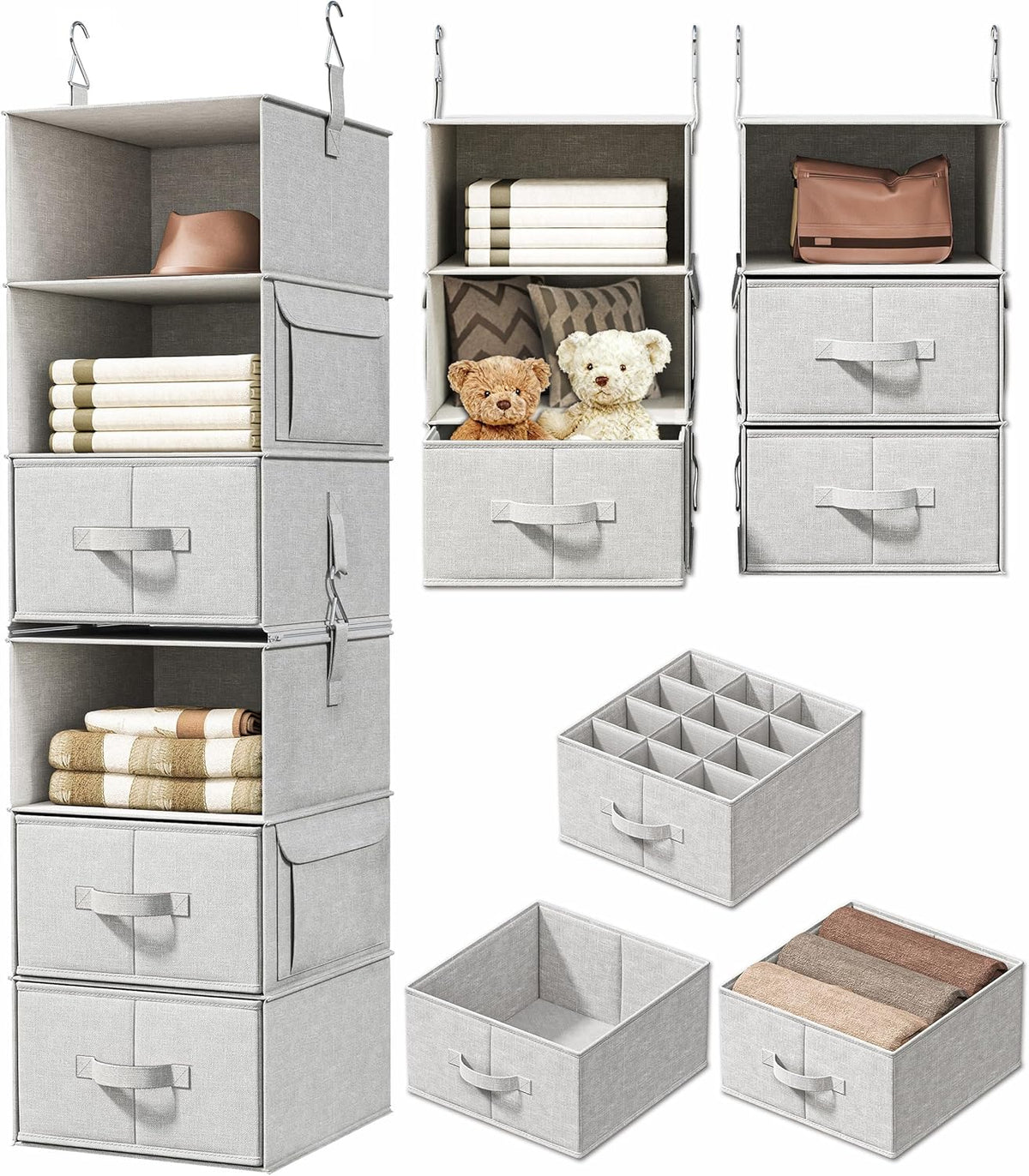 6-Shelf Hanging Closet Organizer with 3 Drawers, 2-in-1 Design, Beige