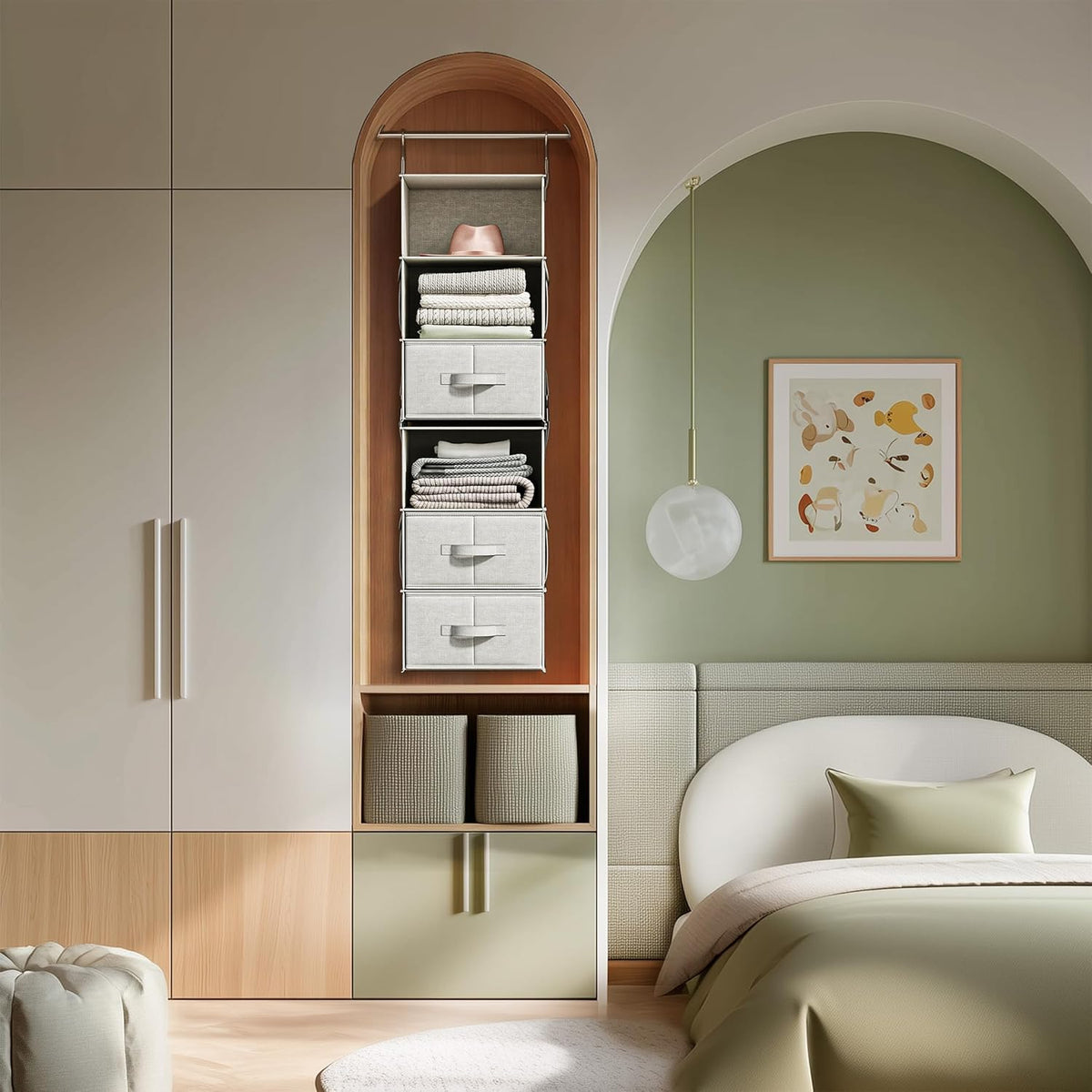 6-Shelf Hanging Closet Organizer with 3 Drawers, 2-in-1 Design, Beige