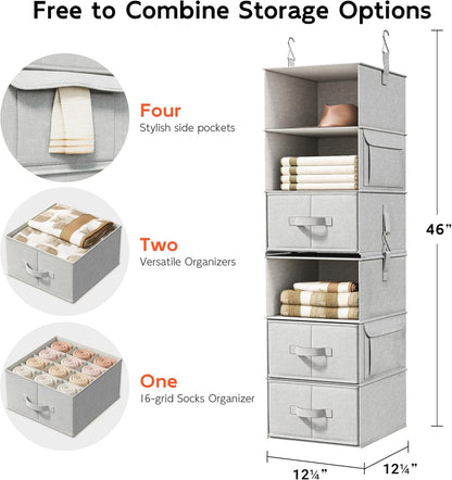 6-Shelf Hanging Closet Organizer with 3 Drawers, 2-in-1 Design, Beige