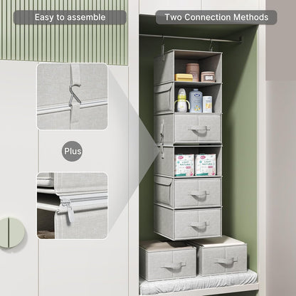 6-Shelf Hanging Closet Organizer with 3 Drawers, 2-in-1 Design, Beige