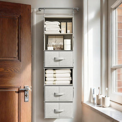 6-Shelf Hanging Closet Organizer with 3 Drawers, 2-in-1 Design, Beige
