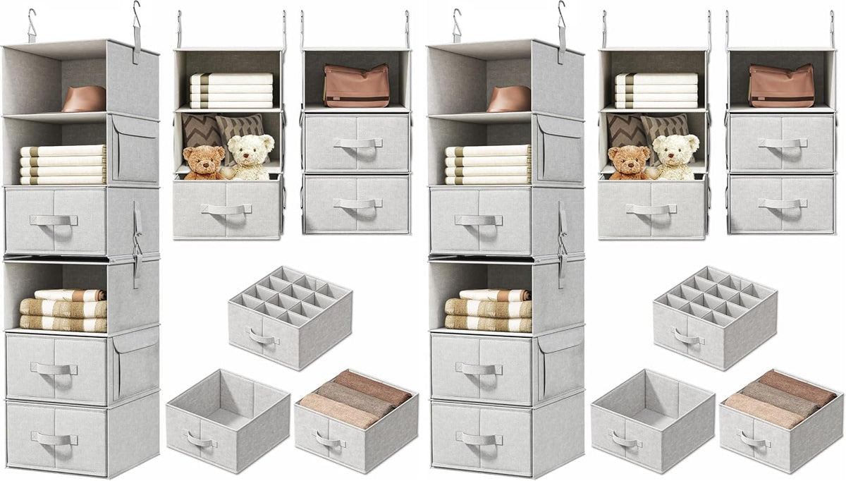 6-Shelf Hanging Closet Organizer with 3 Drawers, 2-in-1 Design, Beige