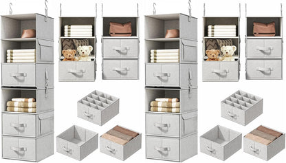 6-Shelf Hanging Closet Organizer with 3 Drawers, 2-in-1 Design, Beige