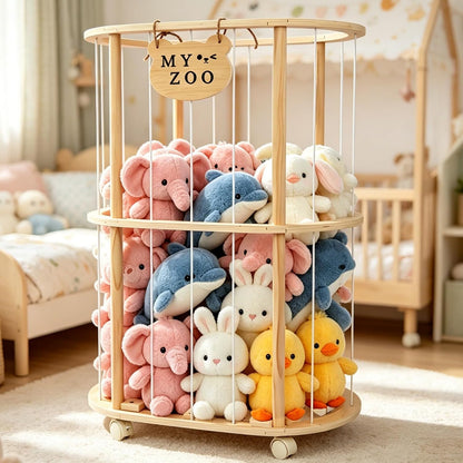 Stuffed Animal Storage, Wooden Zoo Stuffed Animal Holder with Wheels & Elastic Bands, Space Save Toy Storage Organizer with Extra-Thick Base for Kids' Room, Playroom, Nursery - 37"