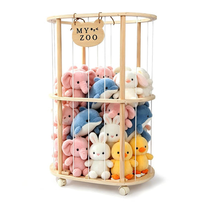 Stuffed Animal Storage, Wooden Zoo Stuffed Animal Holder with Wheels & Elastic Bands, Space Save Toy Storage Organizer with Extra-Thick Base for Kids' Room, Playroom, Nursery - 37"