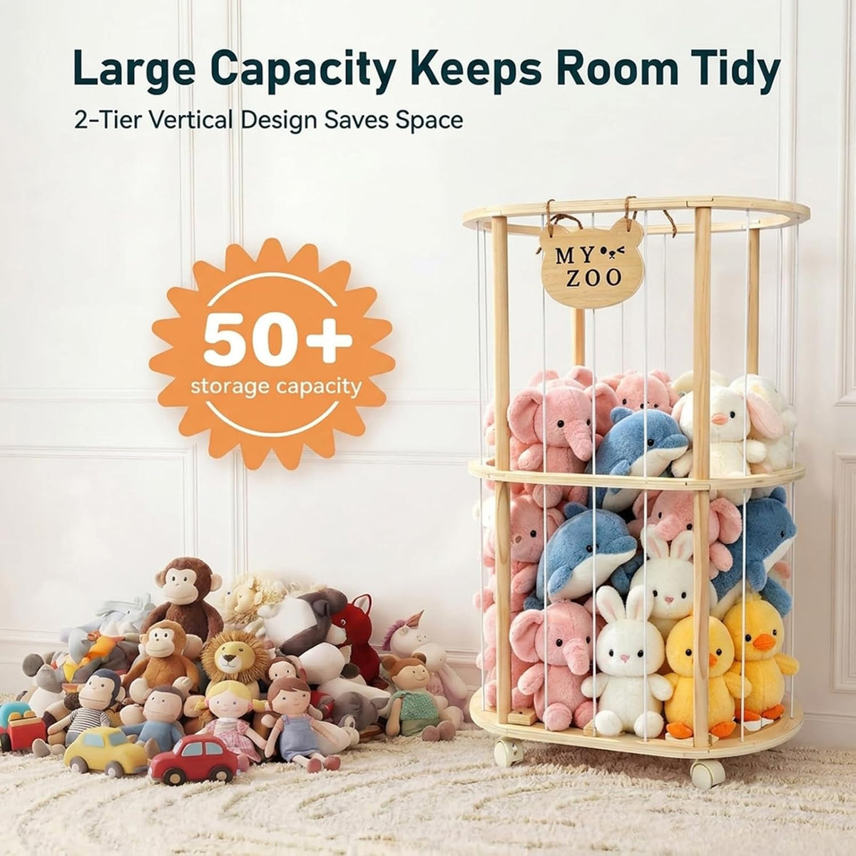 Stuffed Animal Storage, Wooden Zoo Stuffed Animal Holder with Wheels & Elastic Bands, Space Save Toy Storage Organizer with Extra-Thick Base for Kids' Room, Playroom, Nursery - 37"