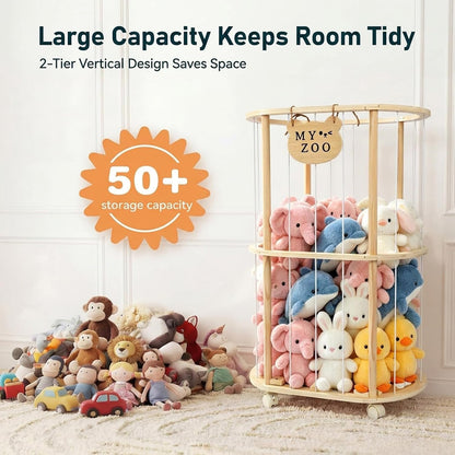 Stuffed Animal Storage, Wooden Zoo Stuffed Animal Holder with Wheels & Elastic Bands, Space Save Toy Storage Organizer with Extra-Thick Base for Kids' Room, Playroom, Nursery - 37"
