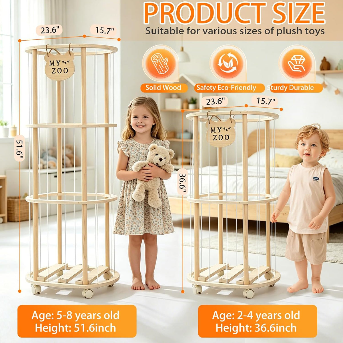 Stuffed Animal Storage, Wooden Zoo Stuffed Animal Holder with Wheels & Elastic Bands, Space Save Toy Storage Organizer with Extra-Thick Base for Kids' Room, Playroom, Nursery - 37"