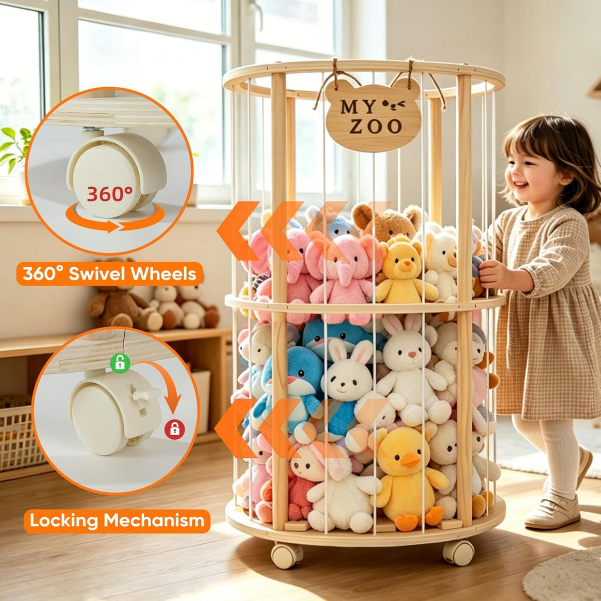 Stuffed Animal Storage, Wooden Zoo Stuffed Animal Holder with Wheels & Elastic Bands, Space Save Toy Storage Organizer with Extra-Thick Base for Kids' Room, Playroom, Nursery - 37"