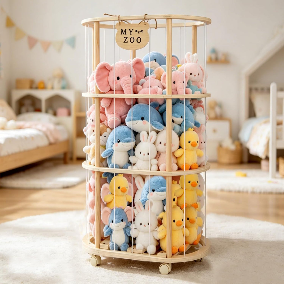Stuffed Animal Storage, Wooden Zoo Stuffed Animal Holder with Wheels & Elastic Bands, Space Save Toy Storage Organizer with Extra-Thick Base for Kids' Room, Playroom, Nursery - 37"