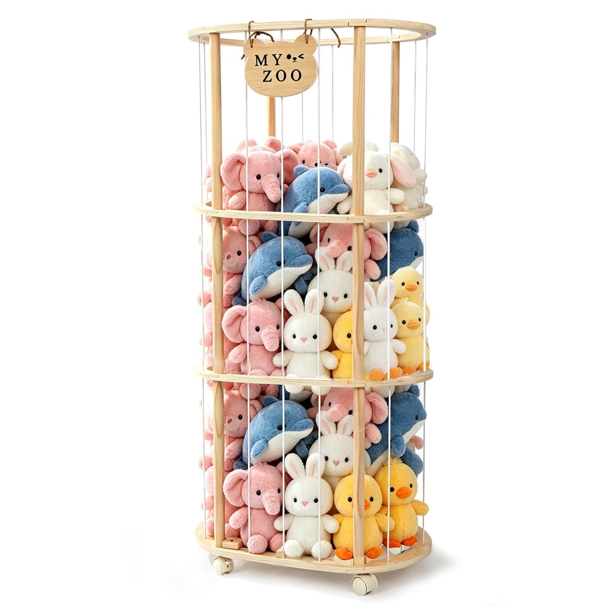 Stuffed Animal Storage, Wooden Zoo Stuffed Animal Holder with Wheels & Elastic Bands, Space Save Toy Storage Organizer with Extra-Thick Base for Kids' Room, Playroom, Nursery - 37"