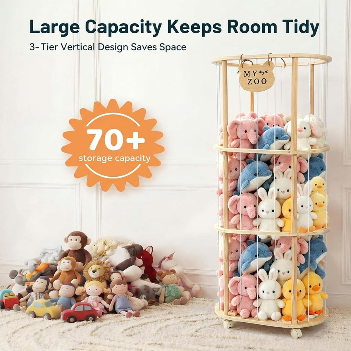 Stuffed Animal Storage, Wooden Zoo Stuffed Animal Holder with Wheels & Elastic Bands, Space Save Toy Storage Organizer with Extra-Thick Base for Kids' Room, Playroom, Nursery - 37"
