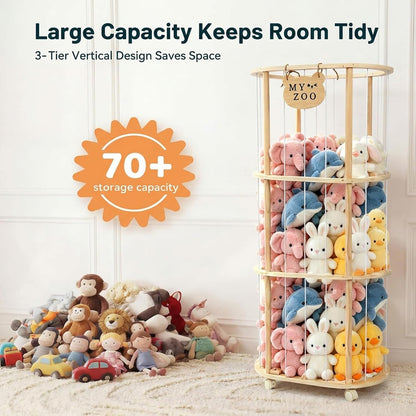 Stuffed Animal Storage, Wooden Zoo Stuffed Animal Holder with Wheels & Elastic Bands, Space Save Toy Storage Organizer with Extra-Thick Base for Kids' Room, Playroom, Nursery - 37"