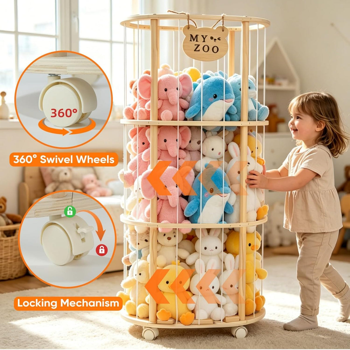 Stuffed Animal Storage, Wooden Zoo Stuffed Animal Holder with Wheels & Elastic Bands, Space Save Toy Storage Organizer with Extra-Thick Base for Kids' Room, Playroom, Nursery - 37"