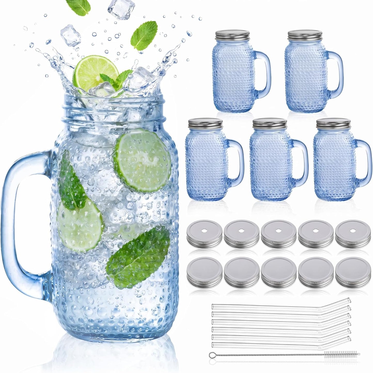 DaYammi 6 Pack 24oz Hobnail Mason Jars Cups Drinking Glass Cups with Lids & Straws, Colorful Wide Mouth Mason Jars Cups with Handle, Tumblers for Coffee Smoothies, Iced Tea, Juice, Beer, Cocktail