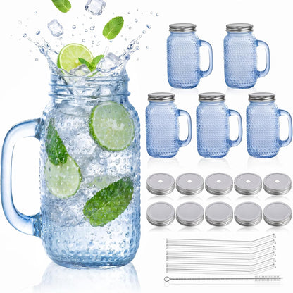 DaYammi 6 Pack 24oz Hobnail Mason Jars Cups Drinking Glass Cups with Lids & Straws, Colorful Wide Mouth Mason Jars Cups with Handle, Tumblers for Coffee Smoothies, Iced Tea, Juice, Beer, Cocktail