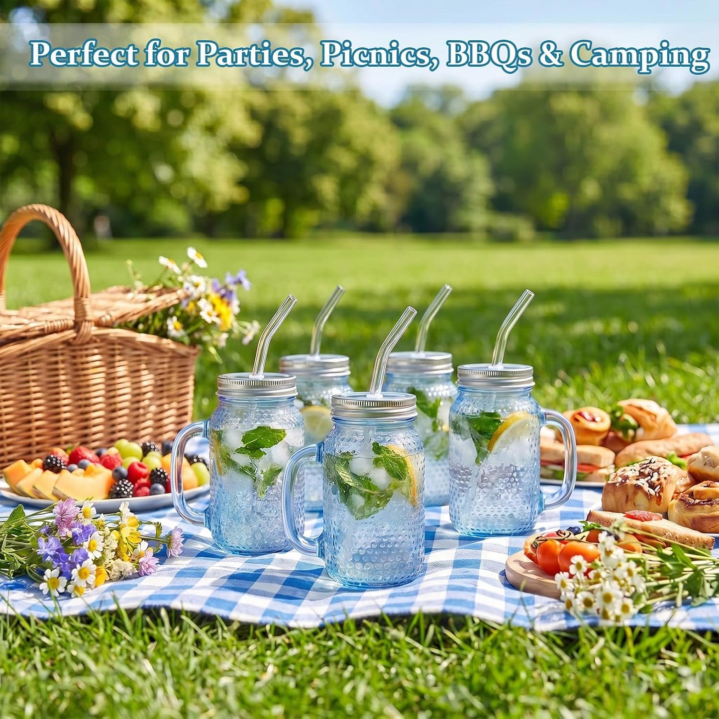 DaYammi 6 Pack 24oz Hobnail Mason Jars Cups Drinking Glass Cups with Lids & Straws, Colorful Wide Mouth Mason Jars Cups with Handle, Tumblers for Coffee Smoothies, Iced Tea, Juice, Beer, Cocktail