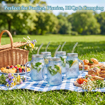 DaYammi 6 Pack 24oz Hobnail Mason Jars Cups Drinking Glass Cups with Lids & Straws, Colorful Wide Mouth Mason Jars Cups with Handle, Tumblers for Coffee Smoothies, Iced Tea, Juice, Beer, Cocktail