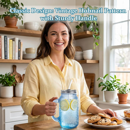 DaYammi 6 Pack 24oz Hobnail Mason Jars Cups Drinking Glass Cups with Lids & Straws, Colorful Wide Mouth Mason Jars Cups with Handle, Tumblers for Coffee Smoothies, Iced Tea, Juice, Beer, Cocktail