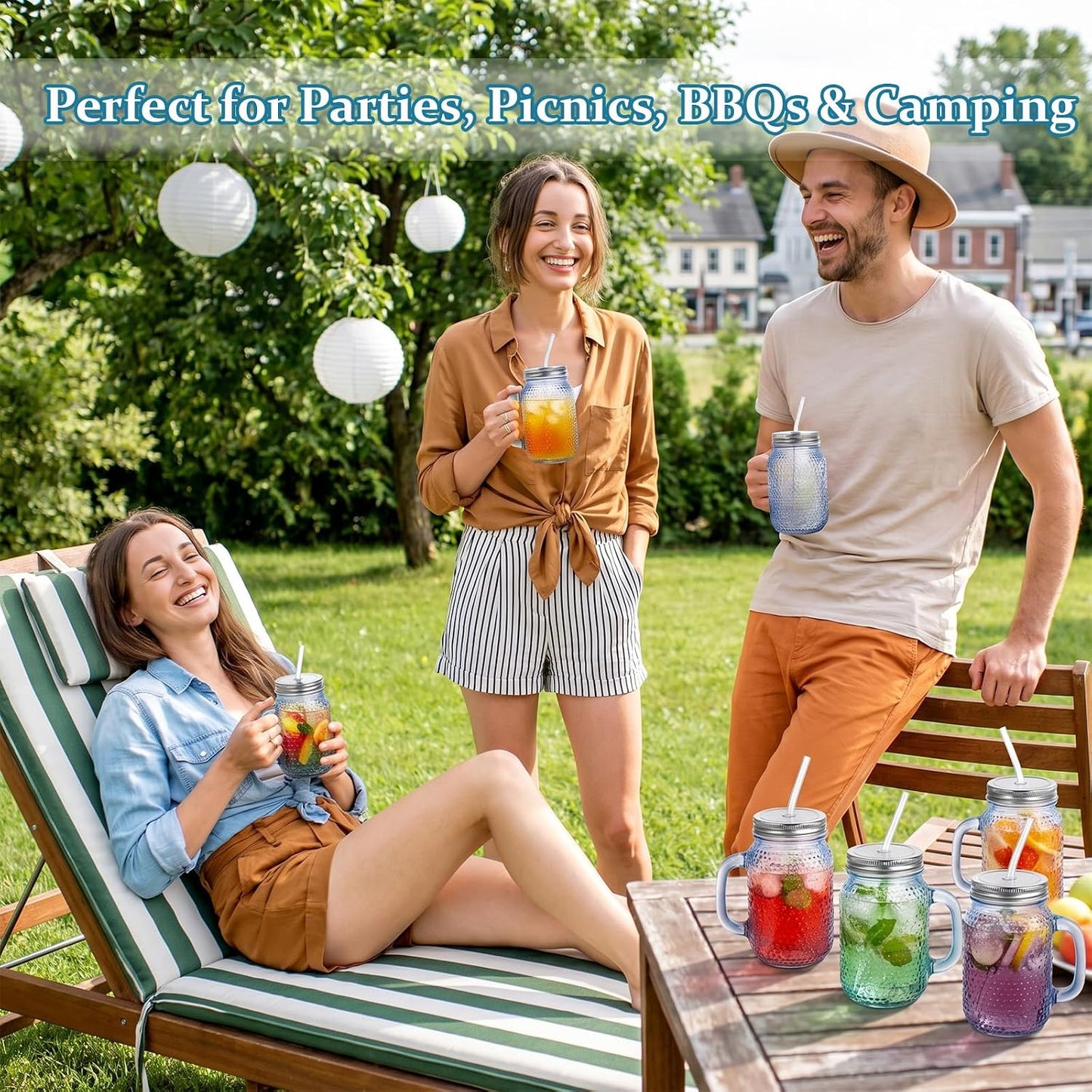DaYammi 6 Pack 24oz Hobnail Mason Jars Cups Drinking Glass Cups with Lids & Straws, Colorful Wide Mouth Mason Jars Cups with Handle, Tumblers for Coffee Smoothies, Iced Tea, Juice, Beer, Cocktail