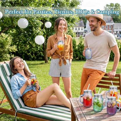 DaYammi 6 Pack 24oz Hobnail Mason Jars Cups Drinking Glass Cups with Lids & Straws, Colorful Wide Mouth Mason Jars Cups with Handle, Tumblers for Coffee Smoothies, Iced Tea, Juice, Beer, Cocktail
