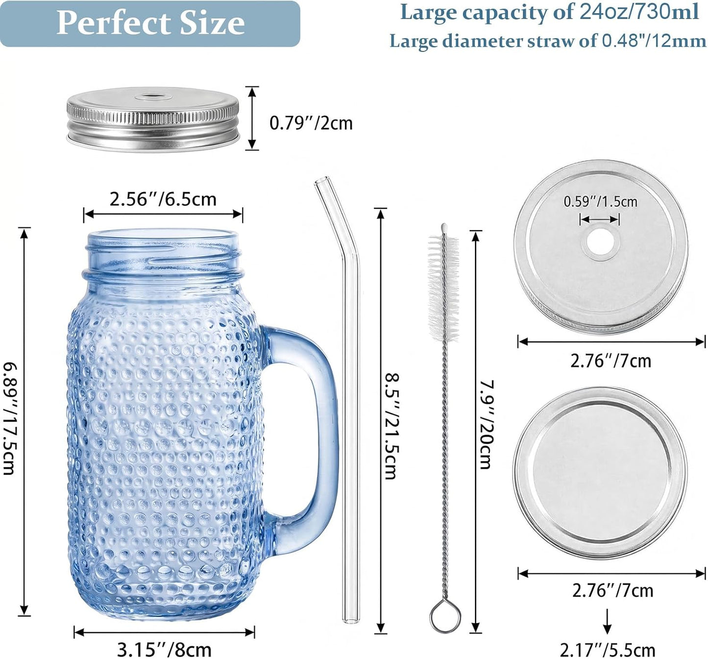 DaYammi 6 Pack 24oz Hobnail Mason Jars Cups Drinking Glass Cups with Lids & Straws, Colorful Wide Mouth Mason Jars Cups with Handle, Tumblers for Coffee Smoothies, Iced Tea, Juice, Beer, Cocktail