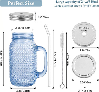 DaYammi 6 Pack 24oz Hobnail Mason Jars Cups Drinking Glass Cups with Lids & Straws, Colorful Wide Mouth Mason Jars Cups with Handle, Tumblers for Coffee Smoothies, Iced Tea, Juice, Beer, Cocktail