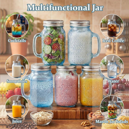 DaYammi 6 Pack 24oz Hobnail Mason Jars Cups Drinking Glass Cups with Lids & Straws, Colorful Wide Mouth Mason Jars Cups with Handle, Tumblers for Coffee Smoothies, Iced Tea, Juice, Beer, Cocktail