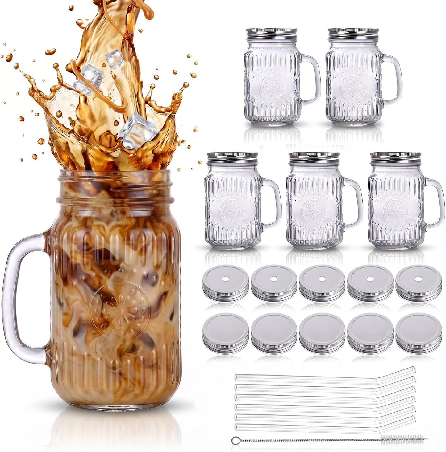 DaYammi 6 Pack 24oz Hobnail Mason Jars Cups Drinking Glass Cups with Lids & Straws, Colorful Wide Mouth Mason Jars Cups with Handle, Tumblers for Coffee Smoothies, Iced Tea, Juice, Beer, Cocktail