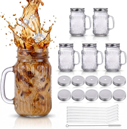 DaYammi 6 Pack 24oz Hobnail Mason Jars Cups Drinking Glass Cups with Lids & Straws, Colorful Wide Mouth Mason Jars Cups with Handle, Tumblers for Coffee Smoothies, Iced Tea, Juice, Beer, Cocktail