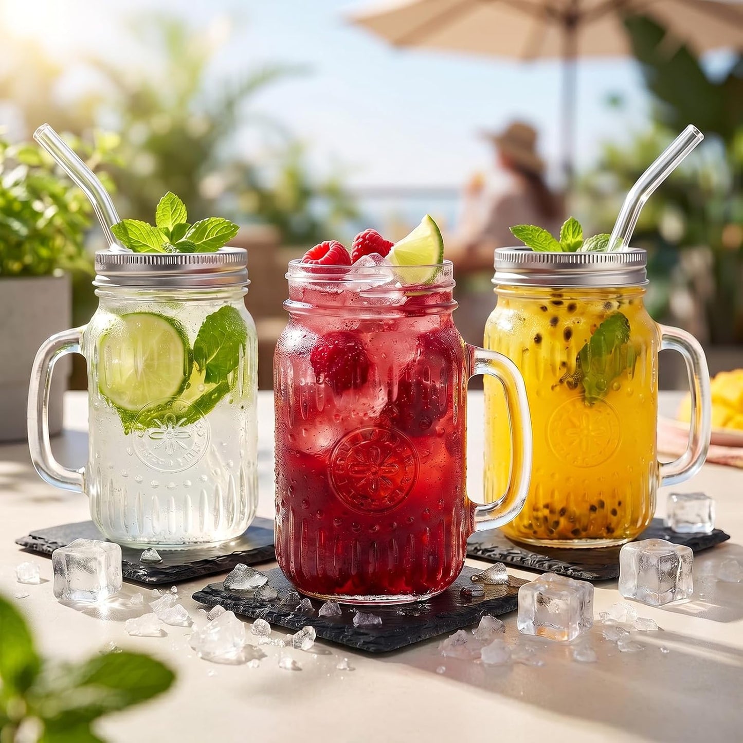 DaYammi 6 Pack 24oz Hobnail Mason Jars Cups Drinking Glass Cups with Lids & Straws, Colorful Wide Mouth Mason Jars Cups with Handle, Tumblers for Coffee Smoothies, Iced Tea, Juice, Beer, Cocktail
