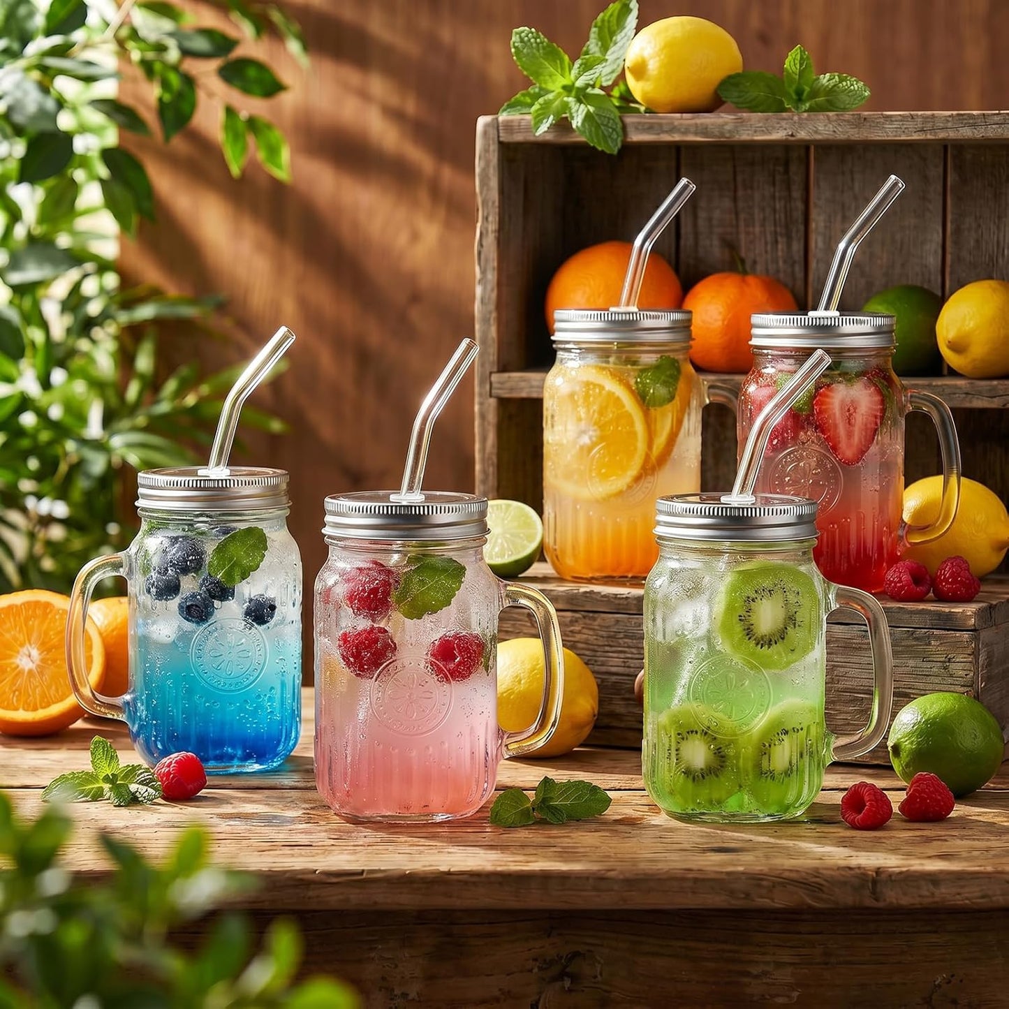 DaYammi 6 Pack 24oz Hobnail Mason Jars Cups Drinking Glass Cups with Lids & Straws, Colorful Wide Mouth Mason Jars Cups with Handle, Tumblers for Coffee Smoothies, Iced Tea, Juice, Beer, Cocktail