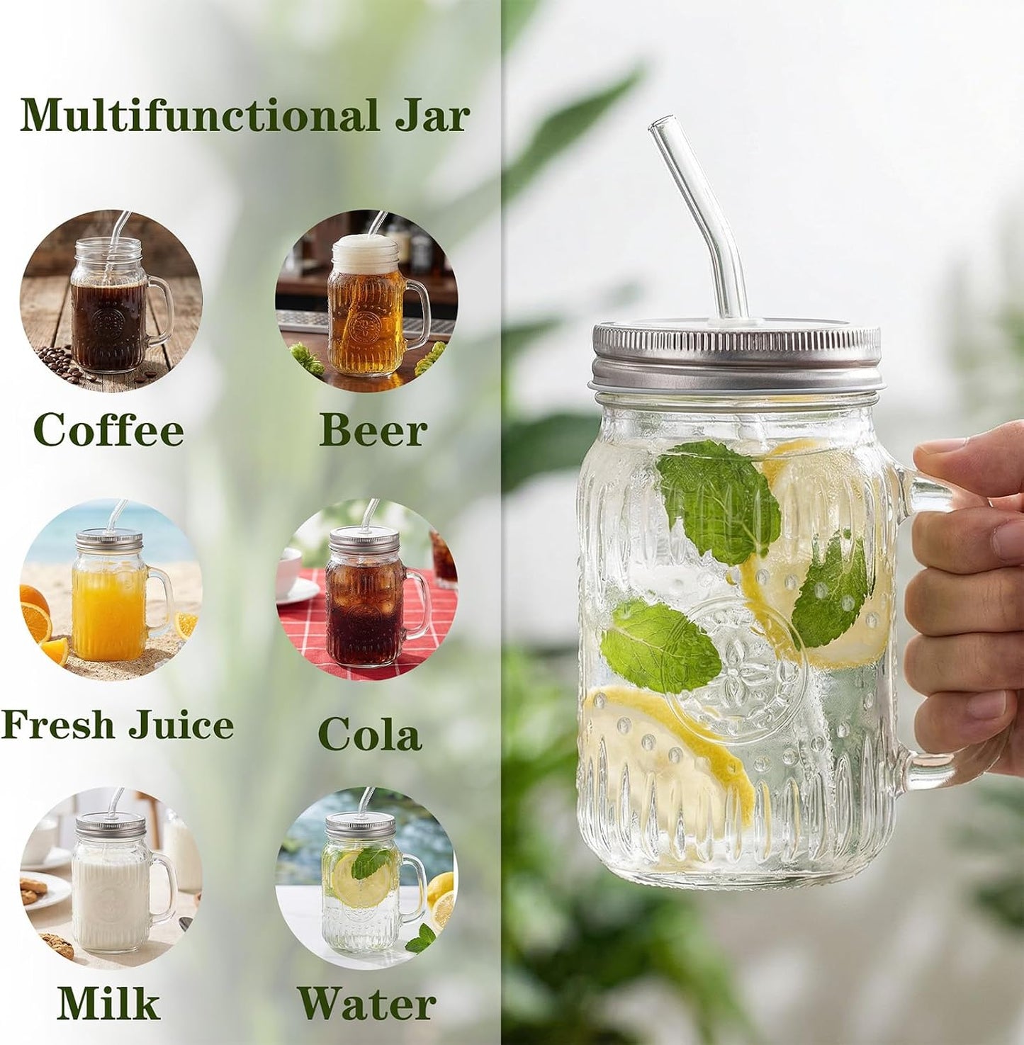 DaYammi 6 Pack 24oz Hobnail Mason Jars Cups Drinking Glass Cups with Lids & Straws, Colorful Wide Mouth Mason Jars Cups with Handle, Tumblers for Coffee Smoothies, Iced Tea, Juice, Beer, Cocktail