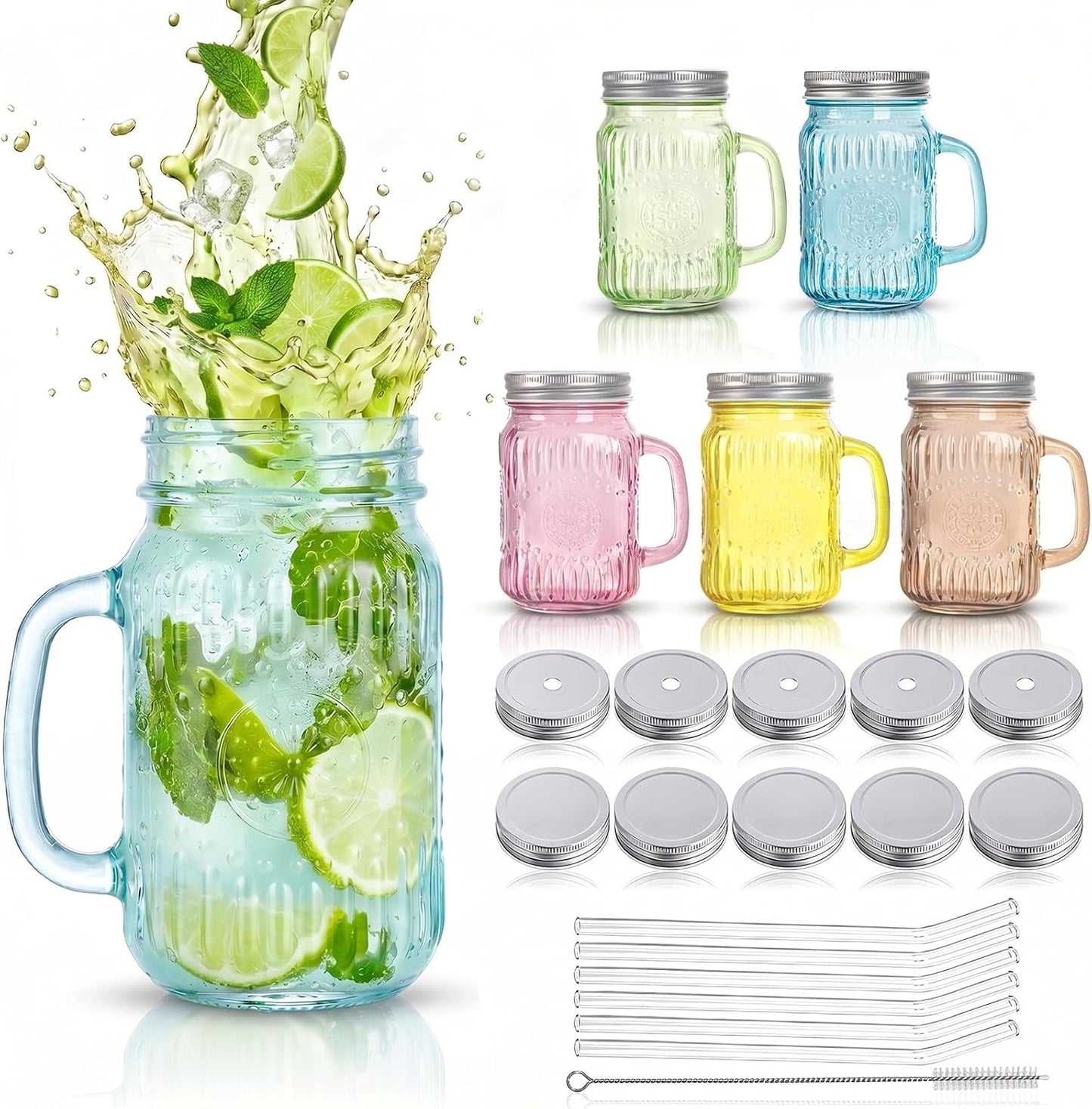 DaYammi 6 Pack 24oz Hobnail Mason Jars Cups Drinking Glass Cups with Lids & Straws, Colorful Wide Mouth Mason Jars Cups with Handle, Tumblers for Coffee Smoothies, Iced Tea, Juice, Beer, Cocktail