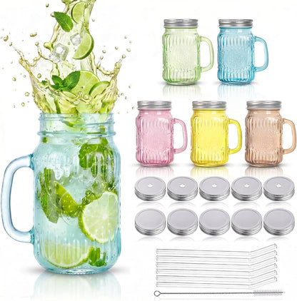DaYammi 6 Pack 24oz Hobnail Mason Jars Cups Drinking Glass Cups with Lids & Straws, Colorful Wide Mouth Mason Jars Cups with Handle, Tumblers for Coffee Smoothies, Iced Tea, Juice, Beer, Cocktail