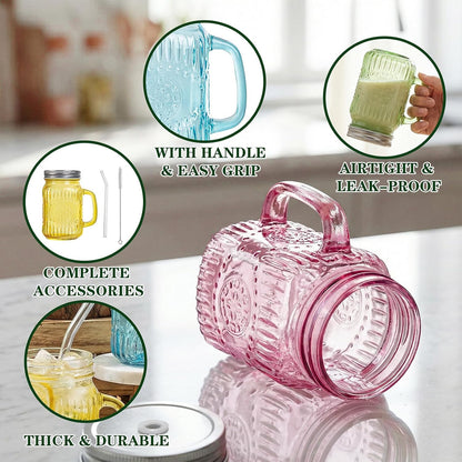 DaYammi 6 Pack 24oz Hobnail Mason Jars Cups Drinking Glass Cups with Lids & Straws, Colorful Wide Mouth Mason Jars Cups with Handle, Tumblers for Coffee Smoothies, Iced Tea, Juice, Beer, Cocktail