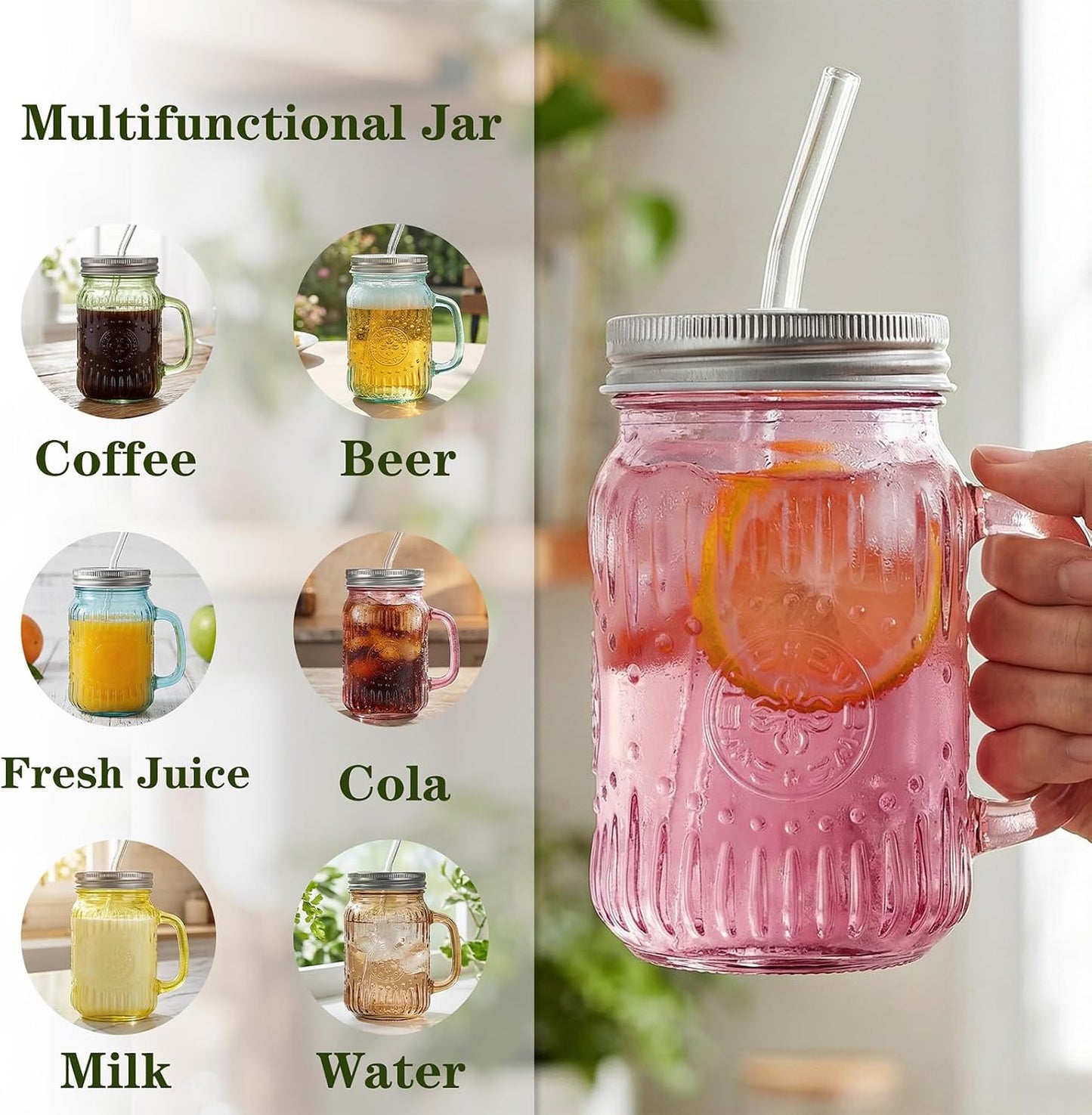 DaYammi 6 Pack 24oz Hobnail Mason Jars Cups Drinking Glass Cups with Lids & Straws, Colorful Wide Mouth Mason Jars Cups with Handle, Tumblers for Coffee Smoothies, Iced Tea, Juice, Beer, Cocktail