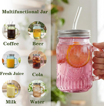 DaYammi 6 Pack 24oz Hobnail Mason Jars Cups Drinking Glass Cups with Lids & Straws, Colorful Wide Mouth Mason Jars Cups with Handle, Tumblers for Coffee Smoothies, Iced Tea, Juice, Beer, Cocktail