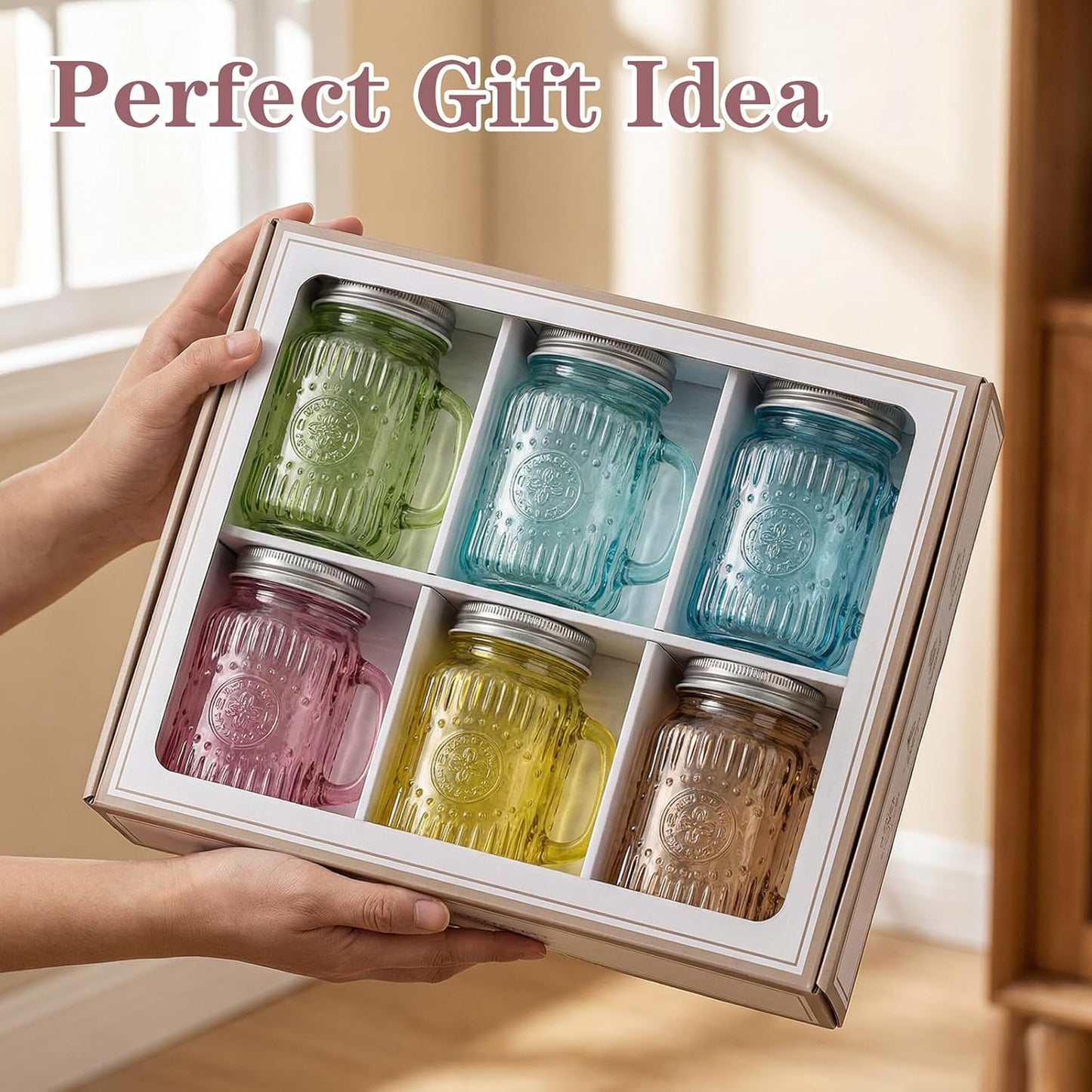 DaYammi 6 Pack 24oz Hobnail Mason Jars Cups Drinking Glass Cups with Lids & Straws, Colorful Wide Mouth Mason Jars Cups with Handle, Tumblers for Coffee Smoothies, Iced Tea, Juice, Beer, Cocktail