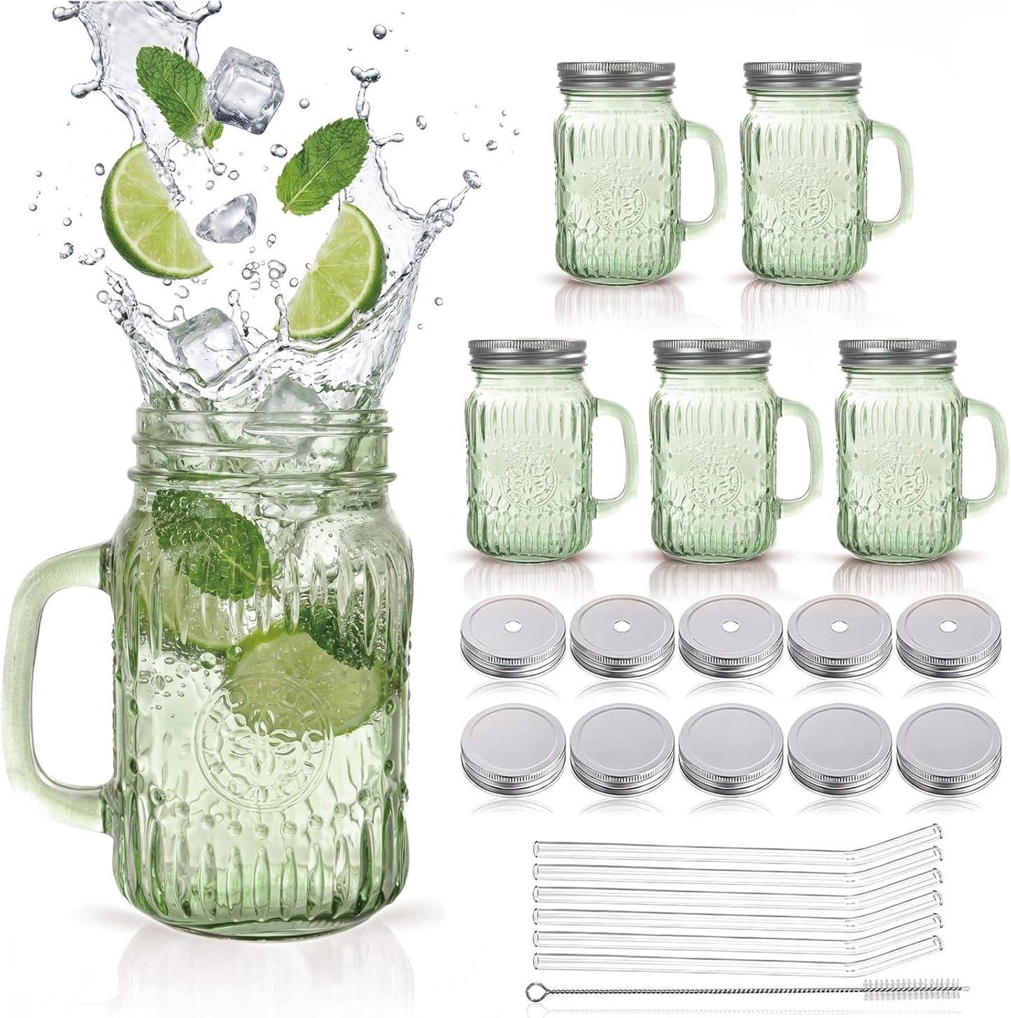 DaYammi 6 Pack 24oz Hobnail Mason Jars Cups Drinking Glass Cups with Lids & Straws, Colorful Wide Mouth Mason Jars Cups with Handle, Tumblers for Coffee Smoothies, Iced Tea, Juice, Beer, Cocktail