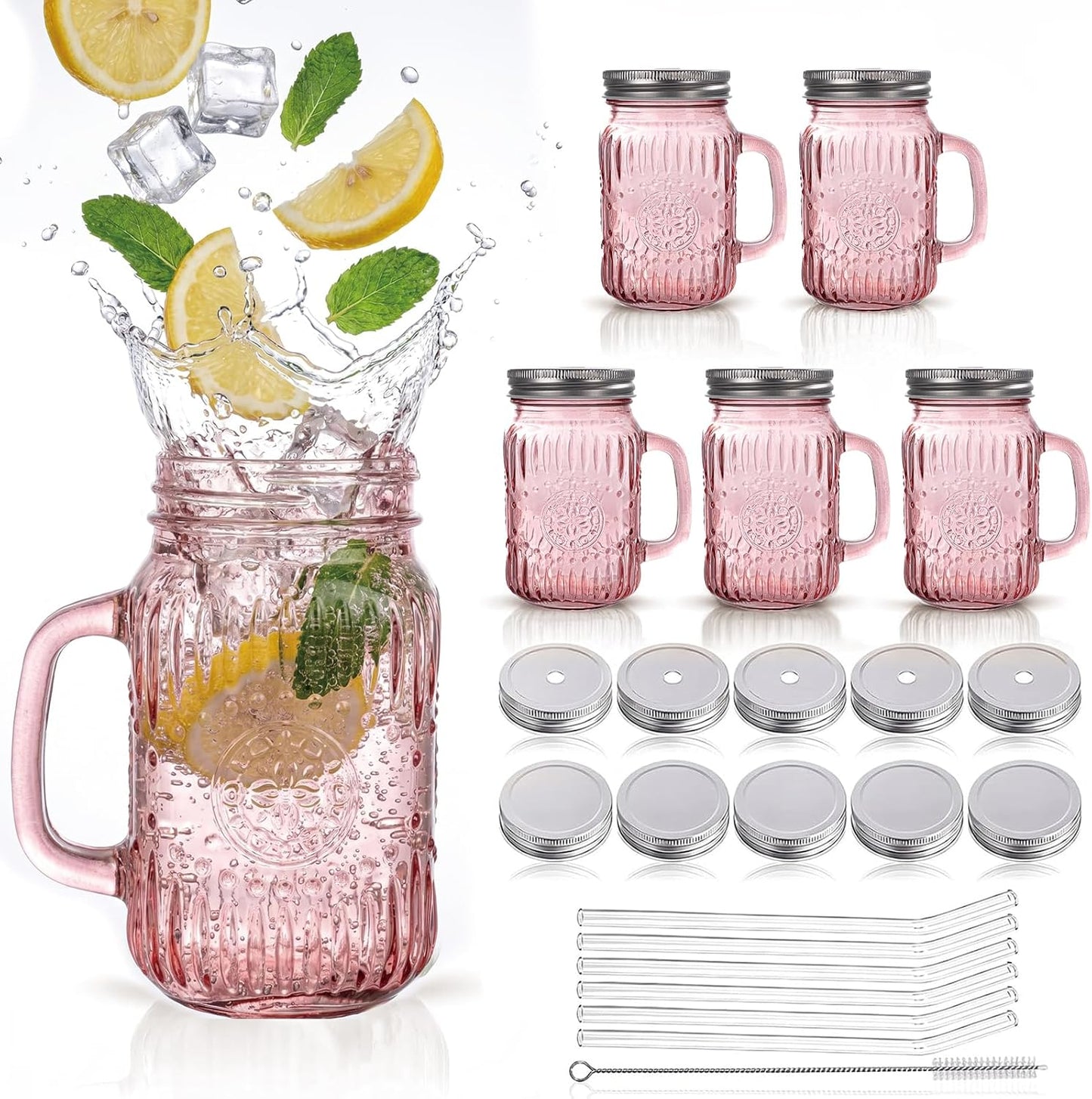 DaYammi 6 Pack 24oz Hobnail Mason Jars Cups Drinking Glass Cups with Lids & Straws, Colorful Wide Mouth Mason Jars Cups with Handle, Tumblers for Coffee Smoothies, Iced Tea, Juice, Beer, Cocktail