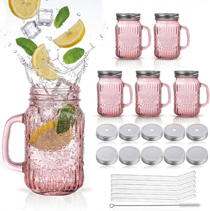 DaYammi 6 Pack 24oz Hobnail Mason Jars Cups Drinking Glass Cups with Lids & Straws, Colorful Wide Mouth Mason Jars Cups with Handle, Tumblers for Coffee Smoothies, Iced Tea, Juice, Beer, Cocktail
