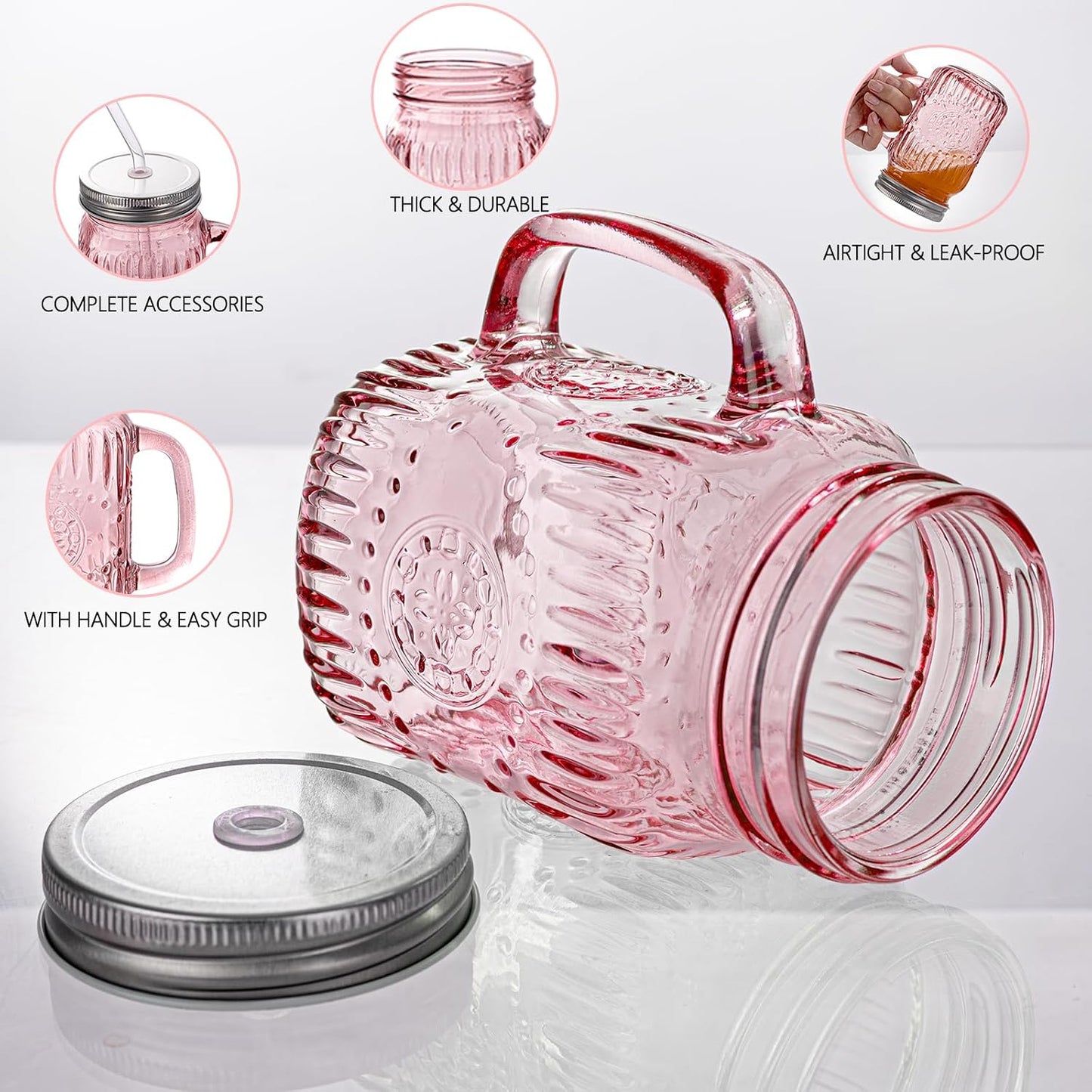 DaYammi 6 Pack 24oz Hobnail Mason Jars Cups Drinking Glass Cups with Lids & Straws, Colorful Wide Mouth Mason Jars Cups with Handle, Tumblers for Coffee Smoothies, Iced Tea, Juice, Beer, Cocktail