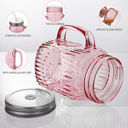 DaYammi 6 Pack 24oz Hobnail Mason Jars Cups Drinking Glass Cups with Lids & Straws, Colorful Wide Mouth Mason Jars Cups with Handle, Tumblers for Coffee Smoothies, Iced Tea, Juice, Beer, Cocktail