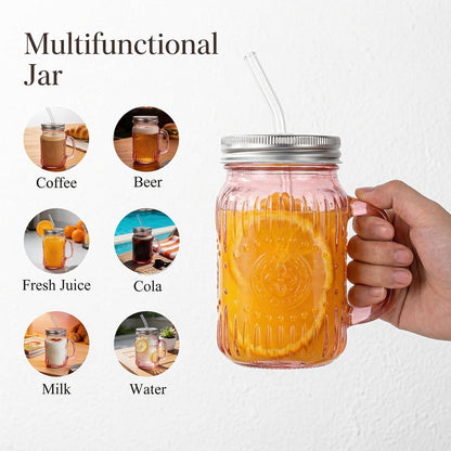 DaYammi 6 Pack 24oz Hobnail Mason Jars Cups Drinking Glass Cups with Lids & Straws, Colorful Wide Mouth Mason Jars Cups with Handle, Tumblers for Coffee Smoothies, Iced Tea, Juice, Beer, Cocktail