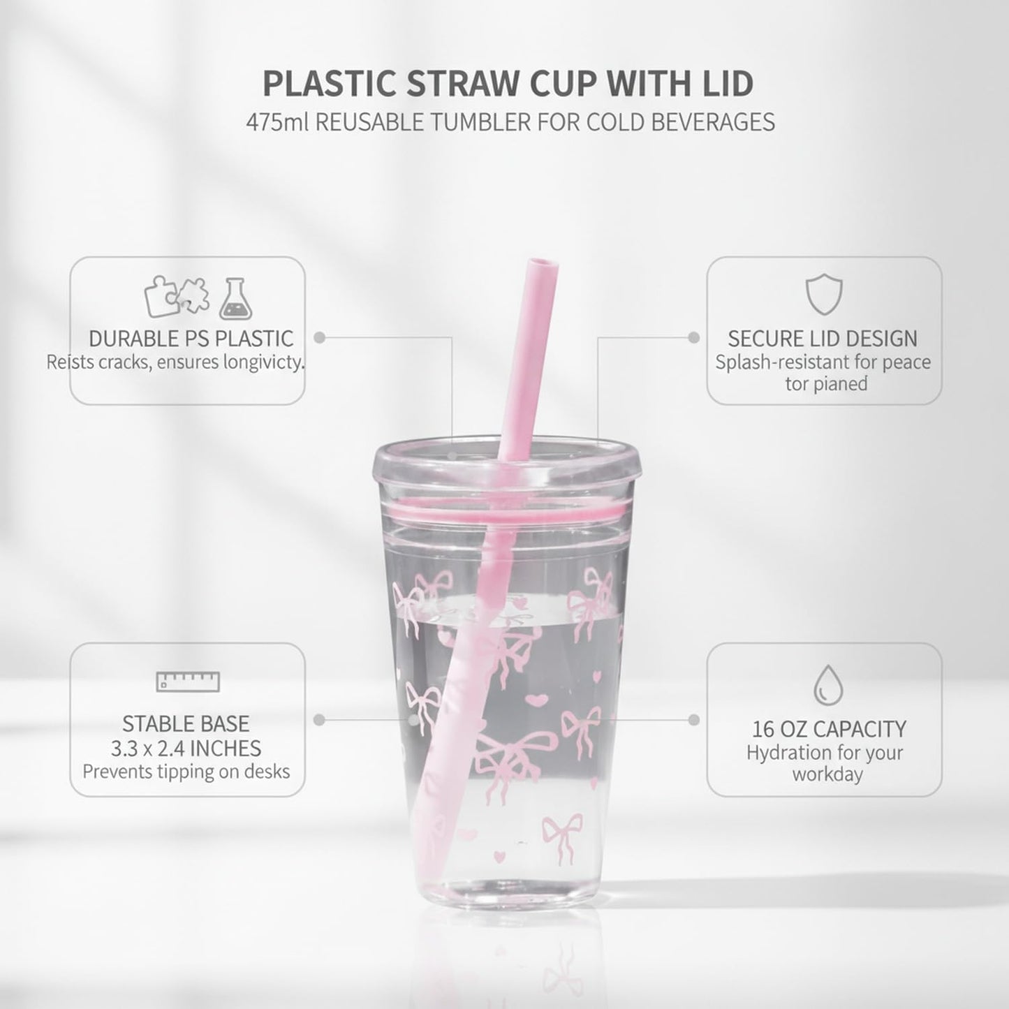 Plastic Straw Cup with Lid, 475ml Reusable Tumbler for Cold Beverages, Desk and Office Use (1 PC)
