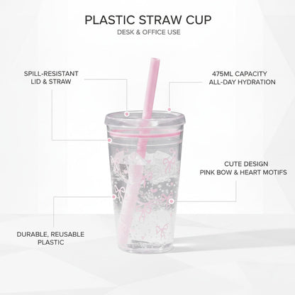 Plastic Straw Cup with Lid, 475ml Reusable Tumbler for Cold Beverages, Desk and Office Use (1 PC)