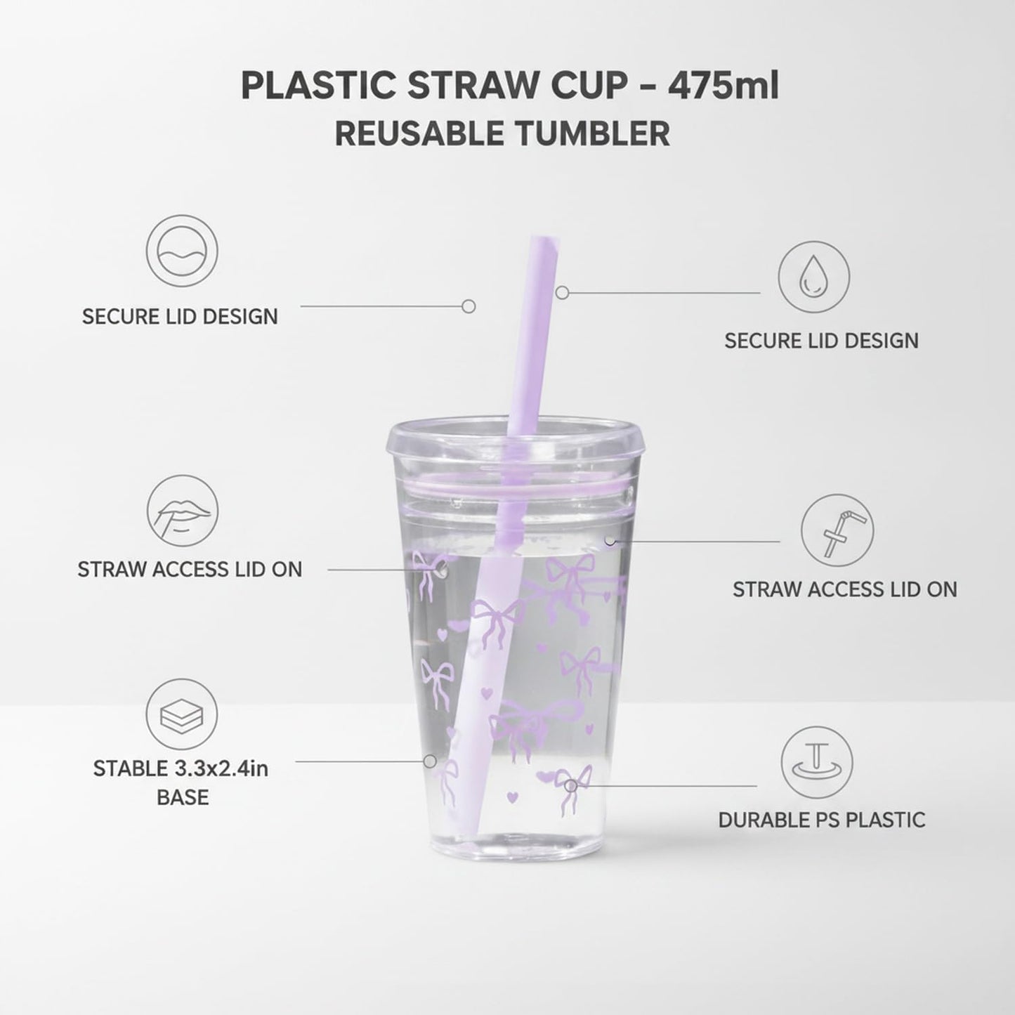Plastic Straw Cup with Lid, 475ml Reusable Tumbler for Cold Beverages, Desk and Office Use (1 PC)