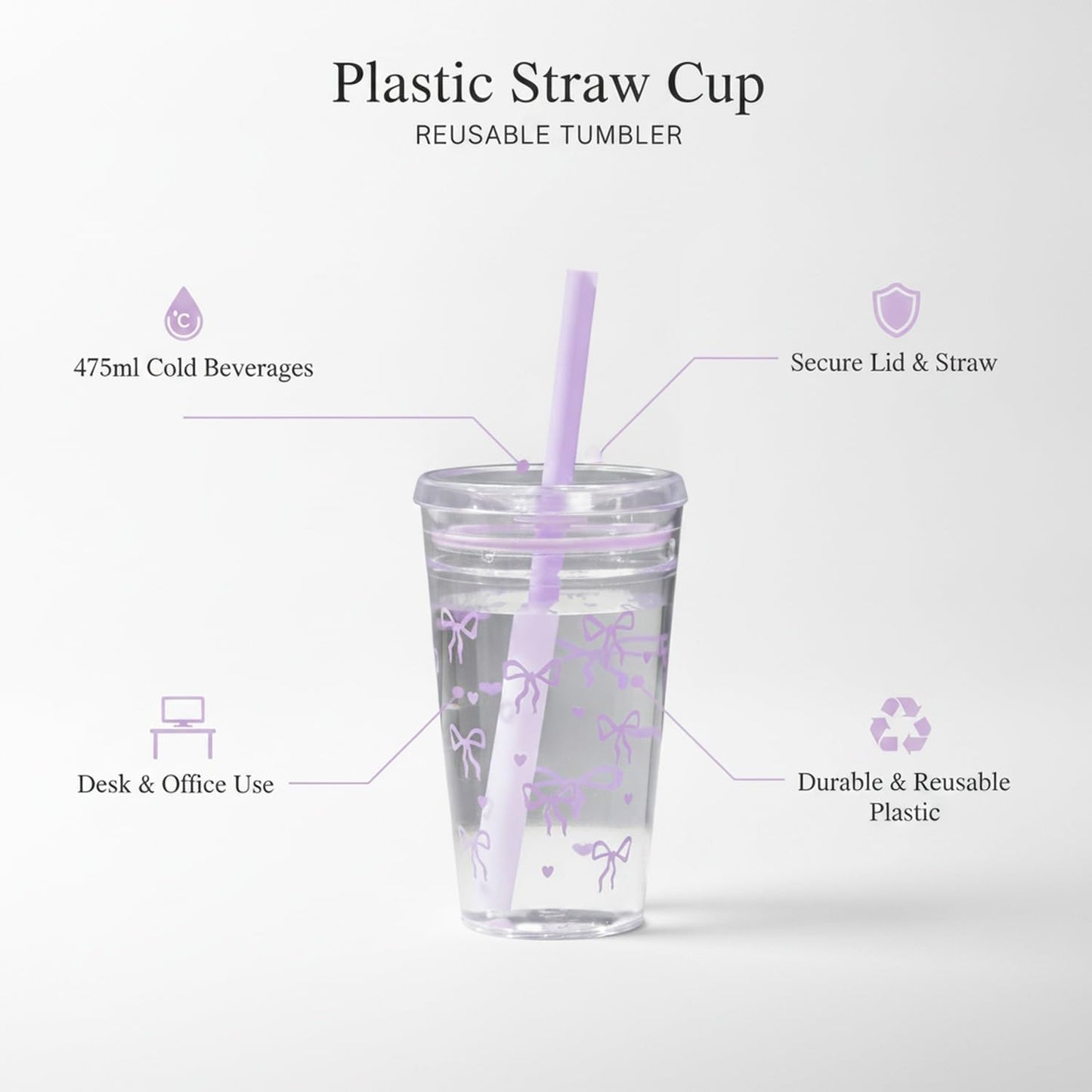 Plastic Straw Cup with Lid, 475ml Reusable Tumbler for Cold Beverages, Desk and Office Use (1 PC)