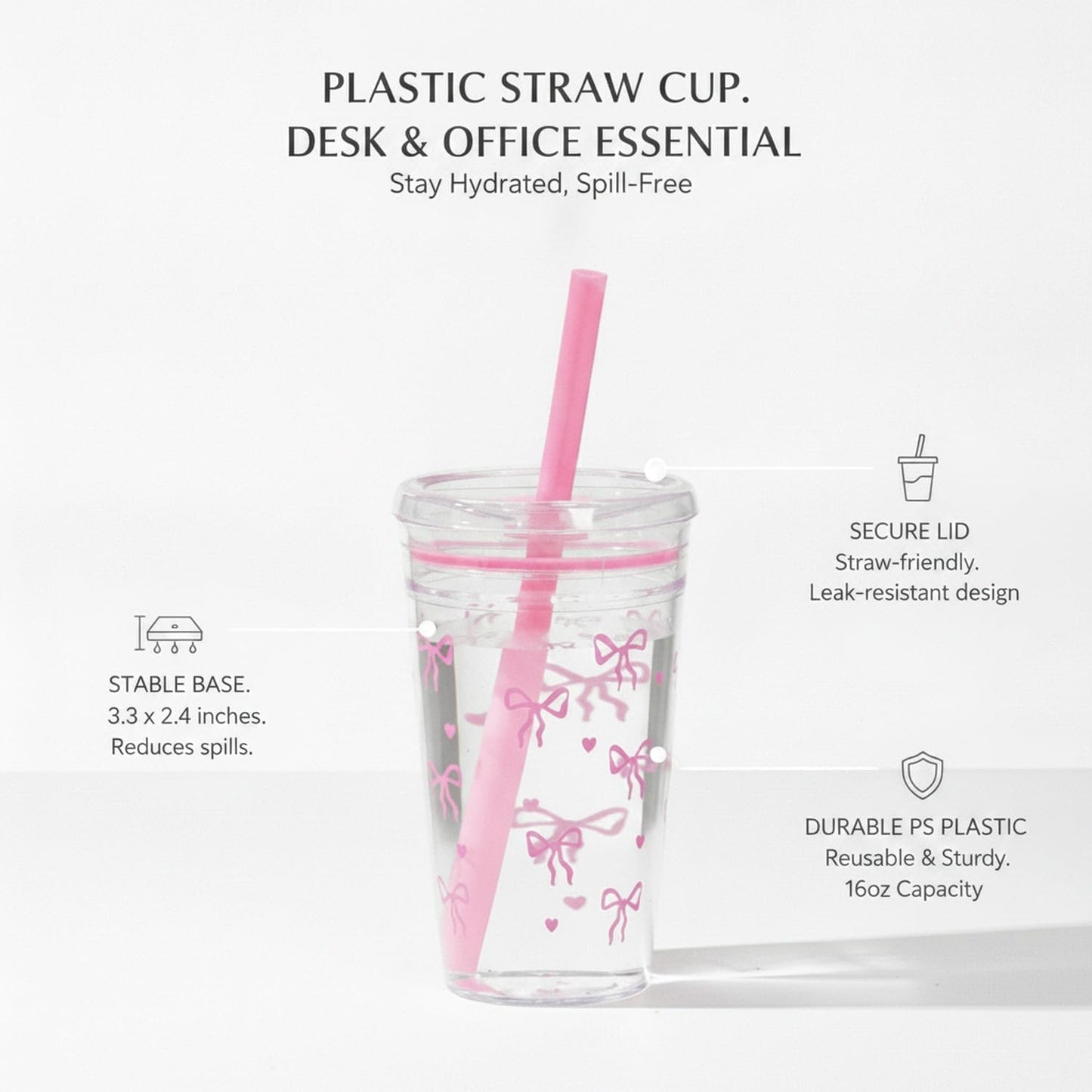 Plastic Straw Cup with Lid, 475ml Reusable Tumbler for Cold Beverages, Desk and Office Use (1 PC)